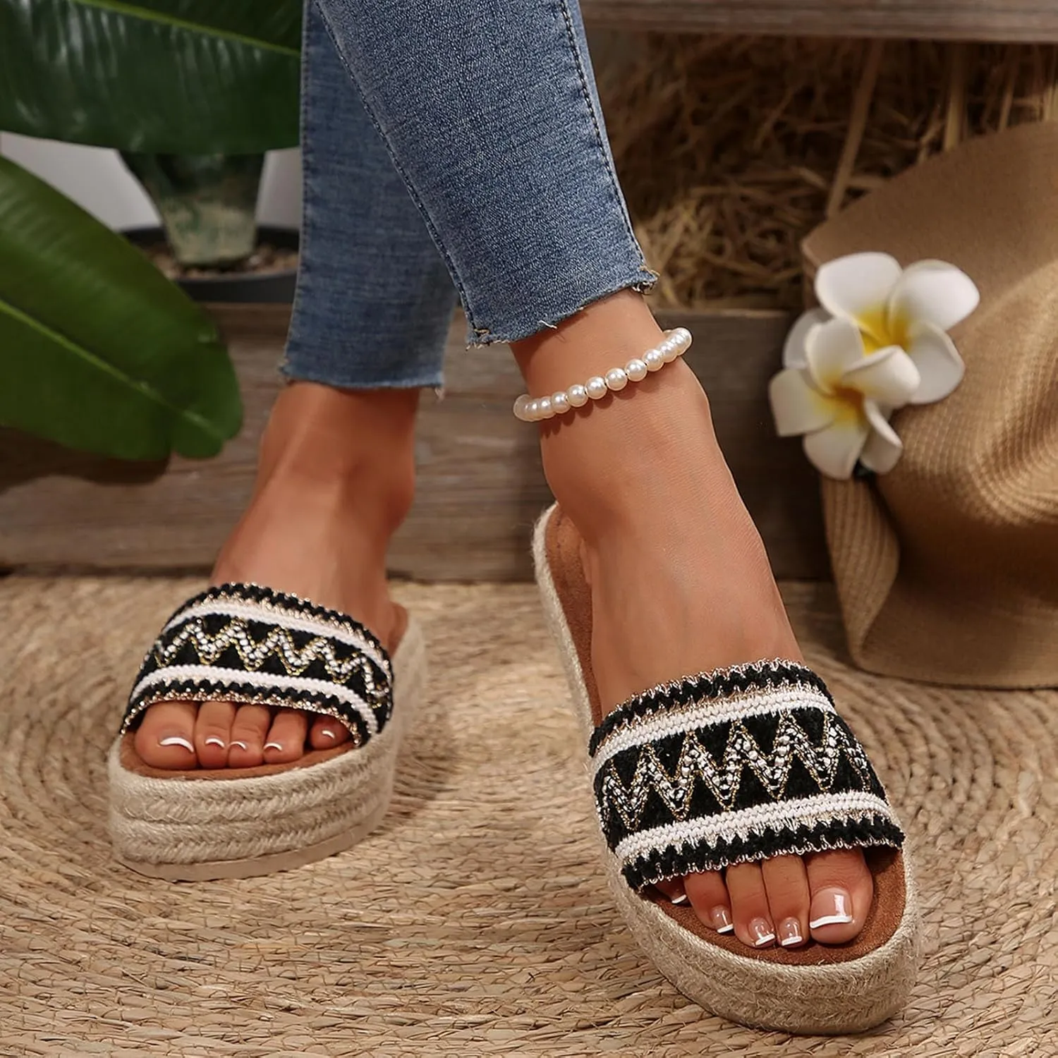 Womens Platform Sandals Comfort Casual Espadrilles Slip On Slippers Boho Beach Vacation Slides Shoes Summer Essential