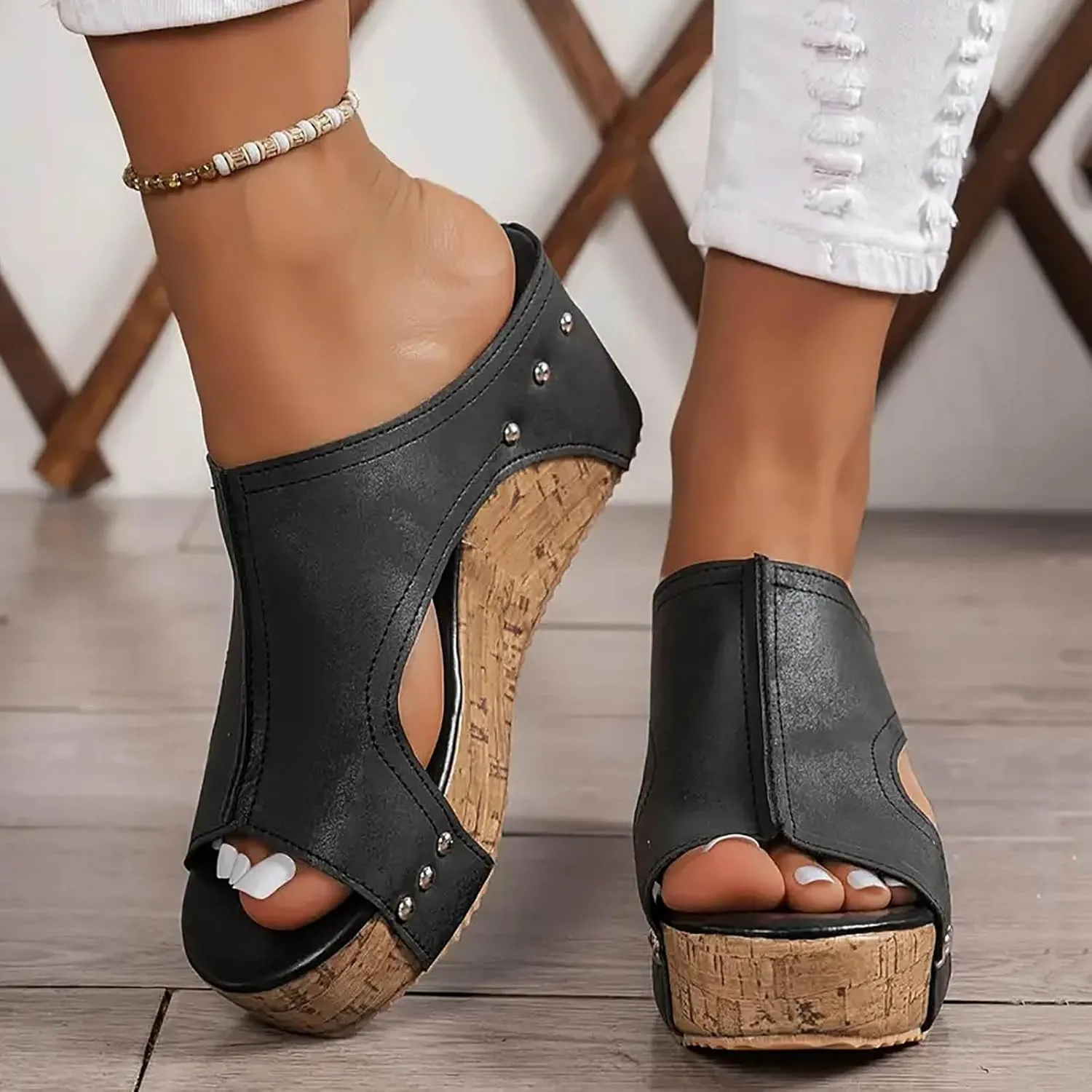 Womens Platform Wedge Sandals, Comfortable Slip On Sandals Slides Women Open Toe Cork Casual & Dressy Summer Shoes Lightweight For All Day Wear