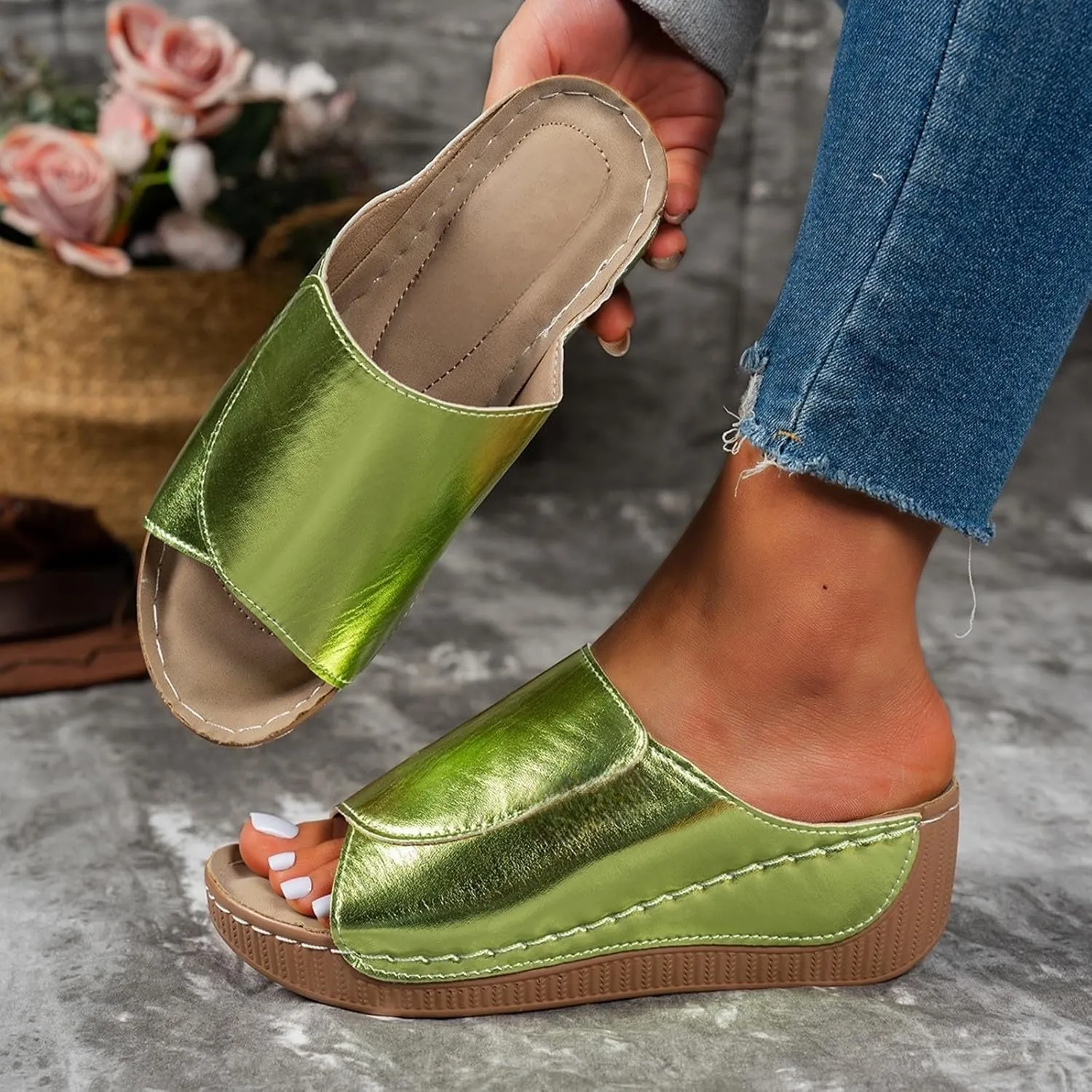 Women's Platform Wedge Sandals Slip On Peep Toe High Heel Sandal Comfortable Orthopedic Damping Sole Sandals Womens Dressy Summer Lightweight Flip Flops Casual Arch Support Walking Wedges Slippers