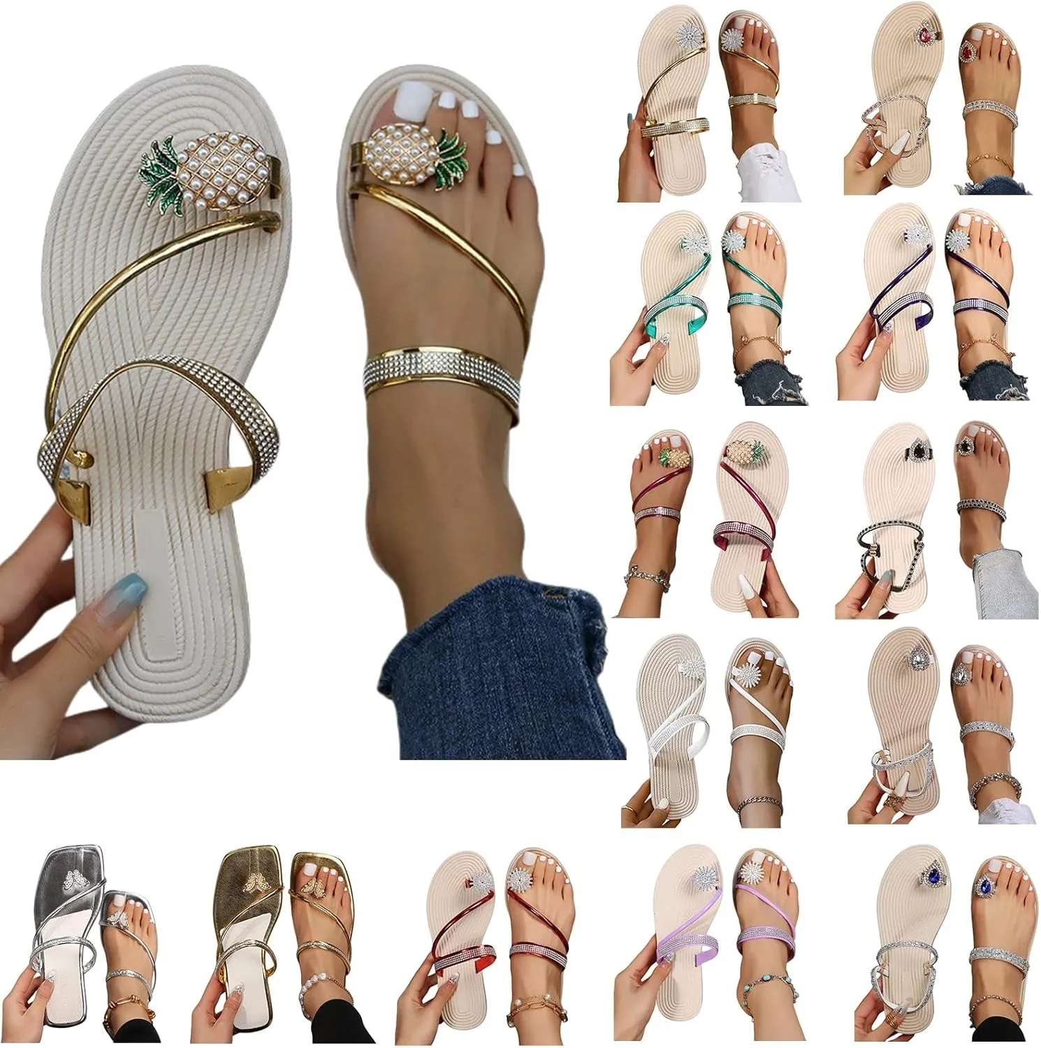 Women's Rhinestone Flat Sandals Summer Orthopedic Flip Flops with Clip Toe Ringbeadeed Rhinestone Crystal Jeweled Sandals Beach Oceanside Holiday Outdoor Slippers