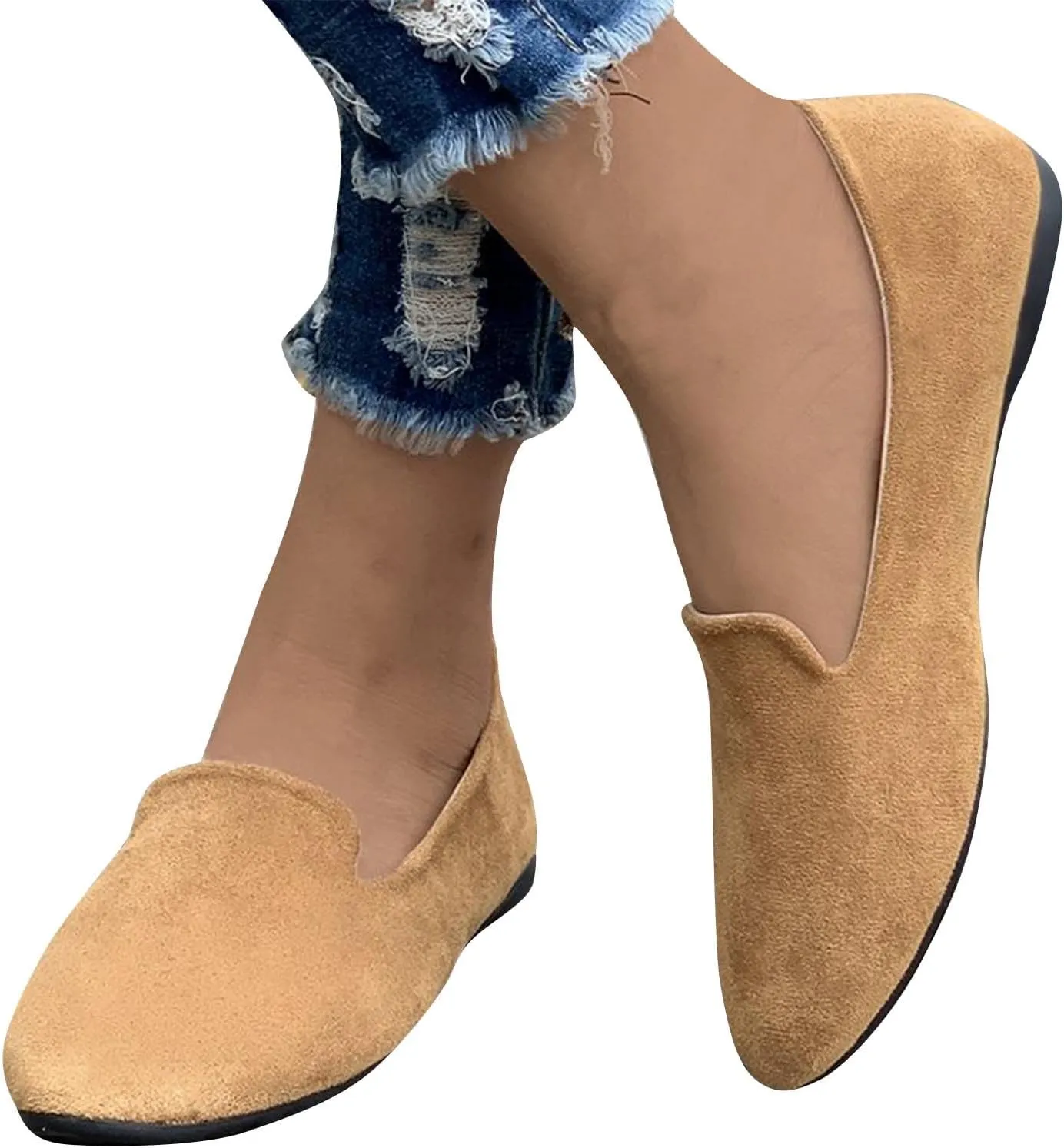 Women's Round Head Suede Flat Shoes Casual One Foot Stirrup Shallow Mouth Flat Shoes Flat Heeled Work Single Shoes