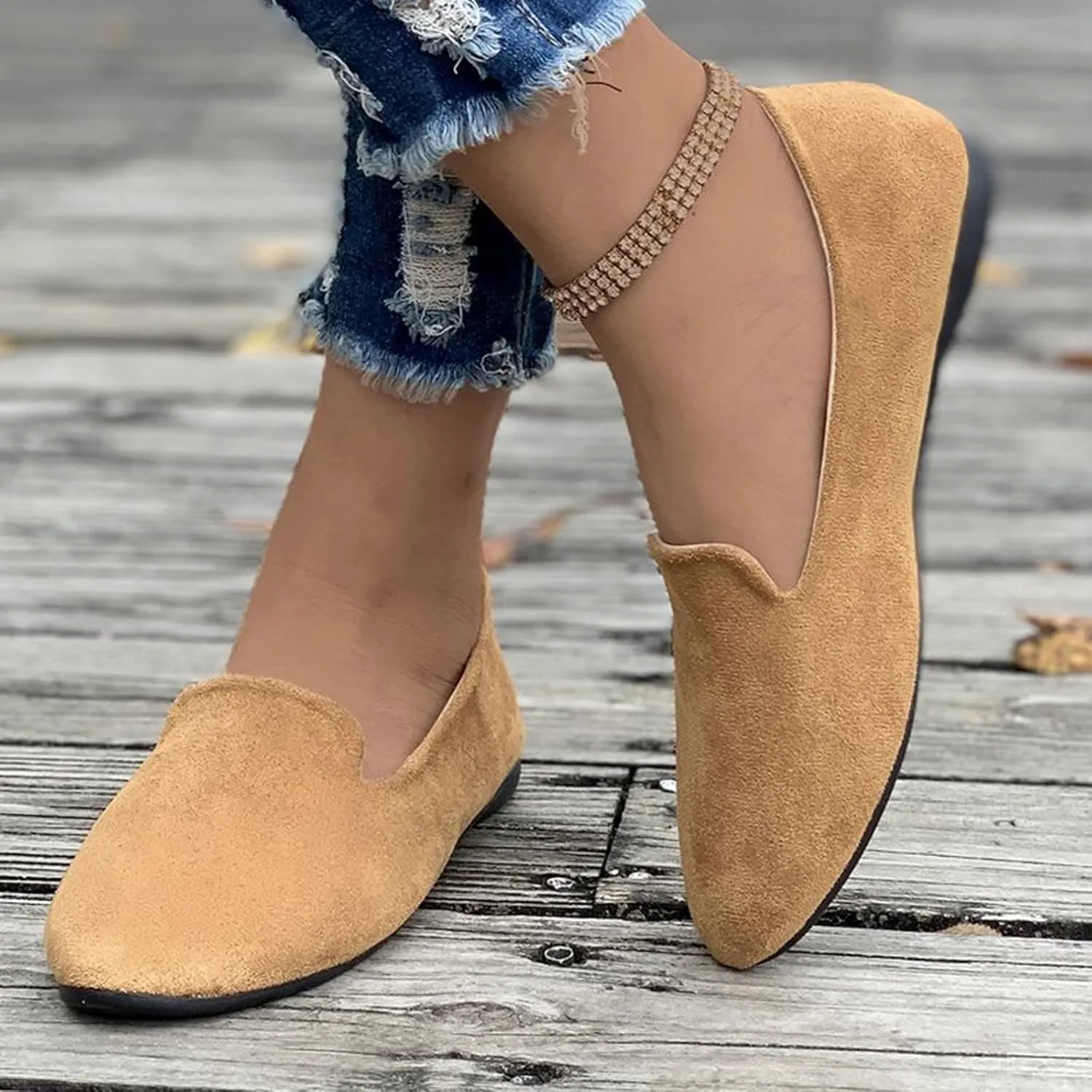 Women's Round Head Suede Flat Shoes Casual One Foot Stirrup Shallow Mouth Flat Shoes Flat Heeled Work Single Shoes