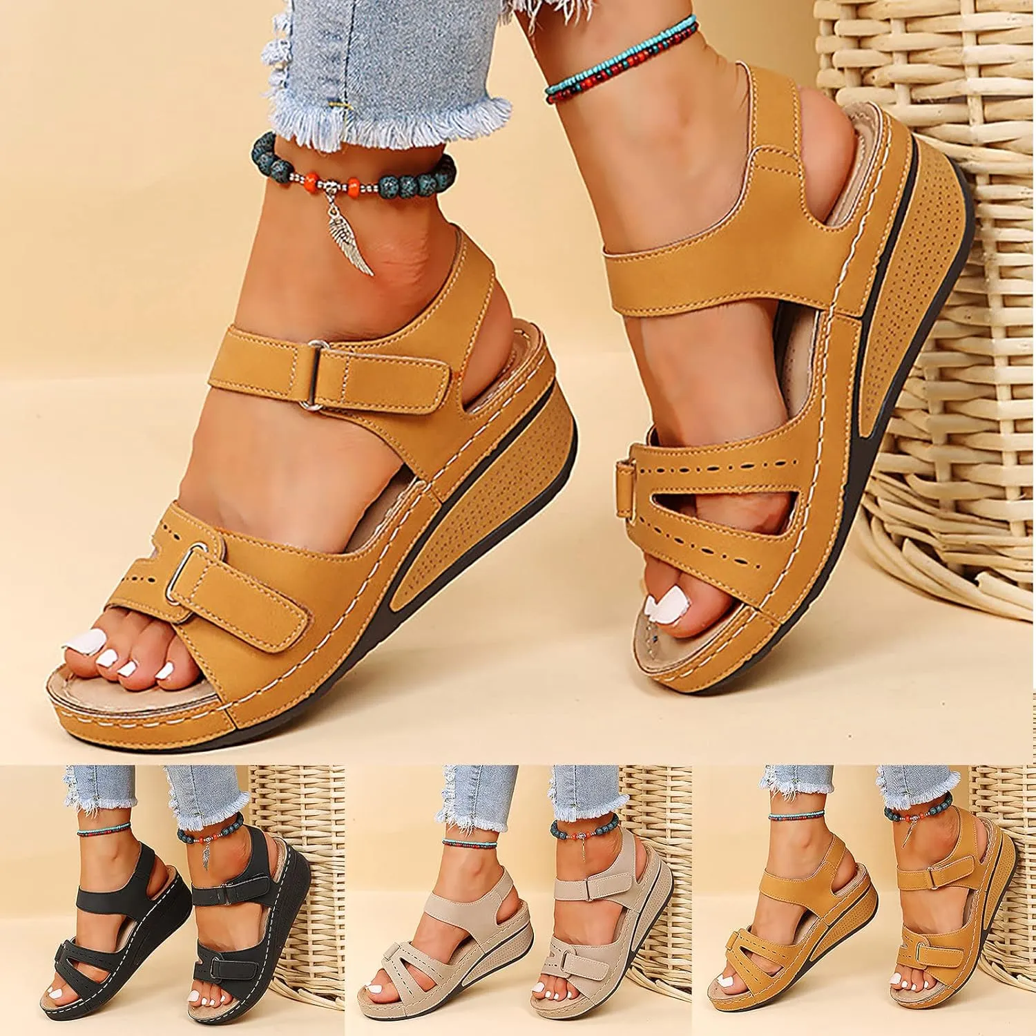 Womens Sandals Comfortable Dressy Strappy Sandals Open Toe Wedge Platform Sandals Orthopedic Sandals Arch Support