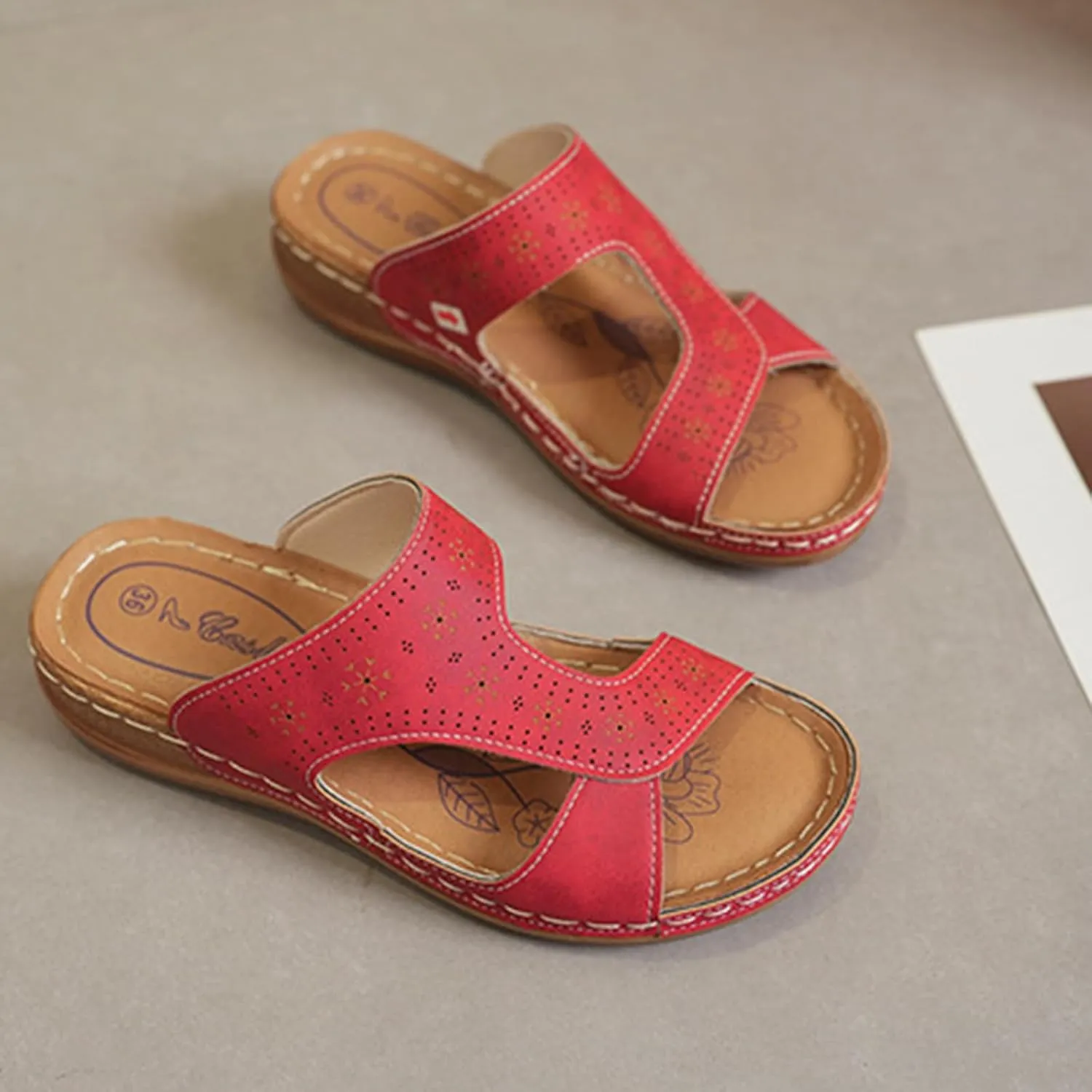 Women's Slide Sandals Comfortable Orthopedic Wedge Slip On Sandals Thick Cushion Yoga Mat Slippers Open Toe Soft Faux Leather Beach Shower Shoes for Walking Vacation Concise Casual Summer Shoes
