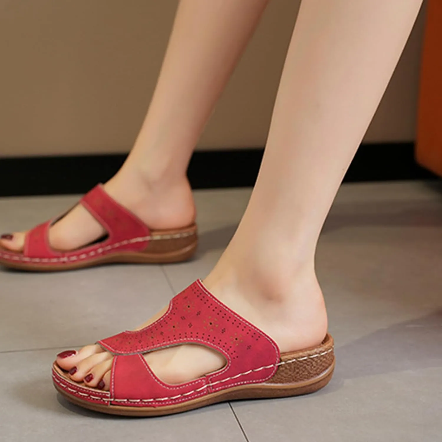 Women's Slide Sandals Comfortable Orthopedic Wedge Slip On Sandals Thick Cushion Yoga Mat Slippers Open Toe Soft Faux Leather Beach Shower Shoes for Walking Vacation Concise Casual Summer Shoes