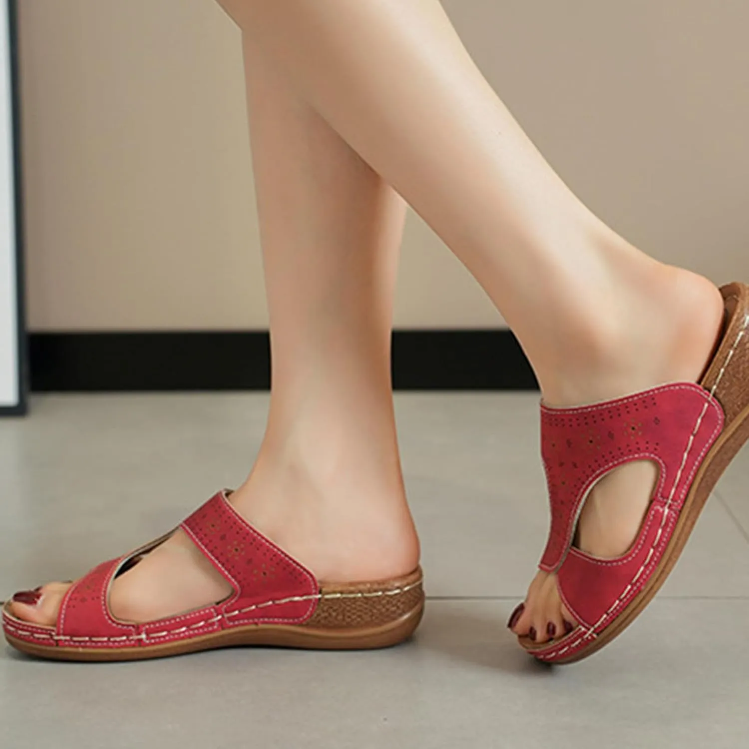 Women's Slide Sandals Comfortable Orthopedic Wedge Slip On Sandals Thick Cushion Yoga Mat Slippers Open Toe Soft Faux Leather Beach Shower Shoes for Walking Vacation Concise Casual Summer Shoes