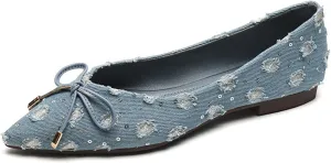 Women's Stylish Suede Denim Ballet Flats,Comfortable Pointed Toe Bow Slip-On Dress Shoes for Work As Loafers.