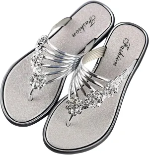 Women's Summer Sandals Rhinestone Flower Embellished Flip Flops Flat Bottom Lightweight Casual Herringbone Slippers