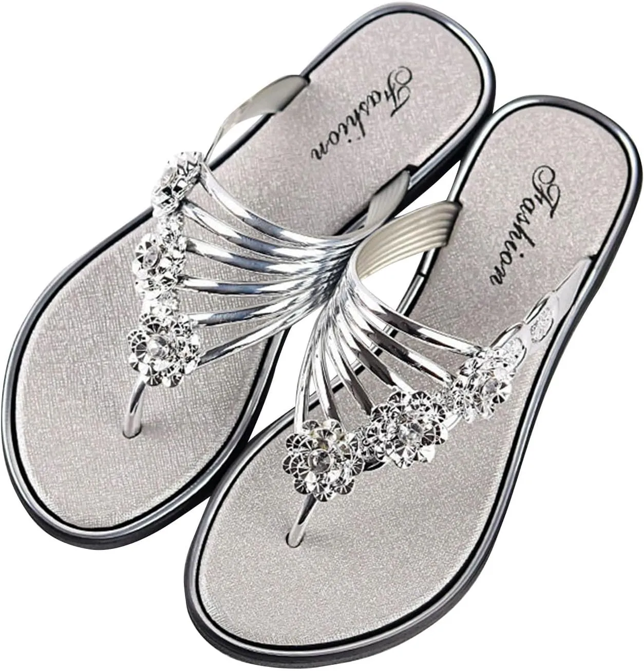 Women's Summer Sandals Rhinestone Flower Embellished Flip Flops Flat Bottom Lightweight Casual Herringbone Slippers