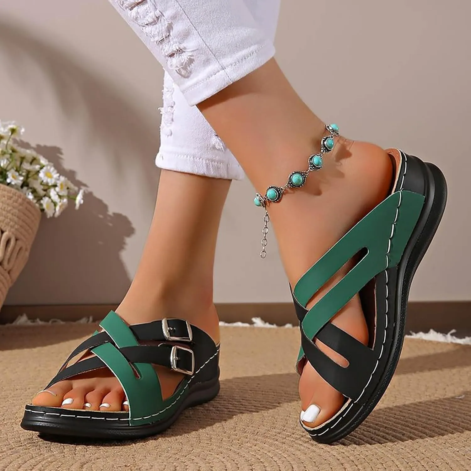 Womens Summer Wedges Sandals Open Toe Platform Slippers Crisscross Slip On Casual Walking Shoes Comfortable Stylish Sandals Thick Cushion Slippers Beach Vacation Sandal