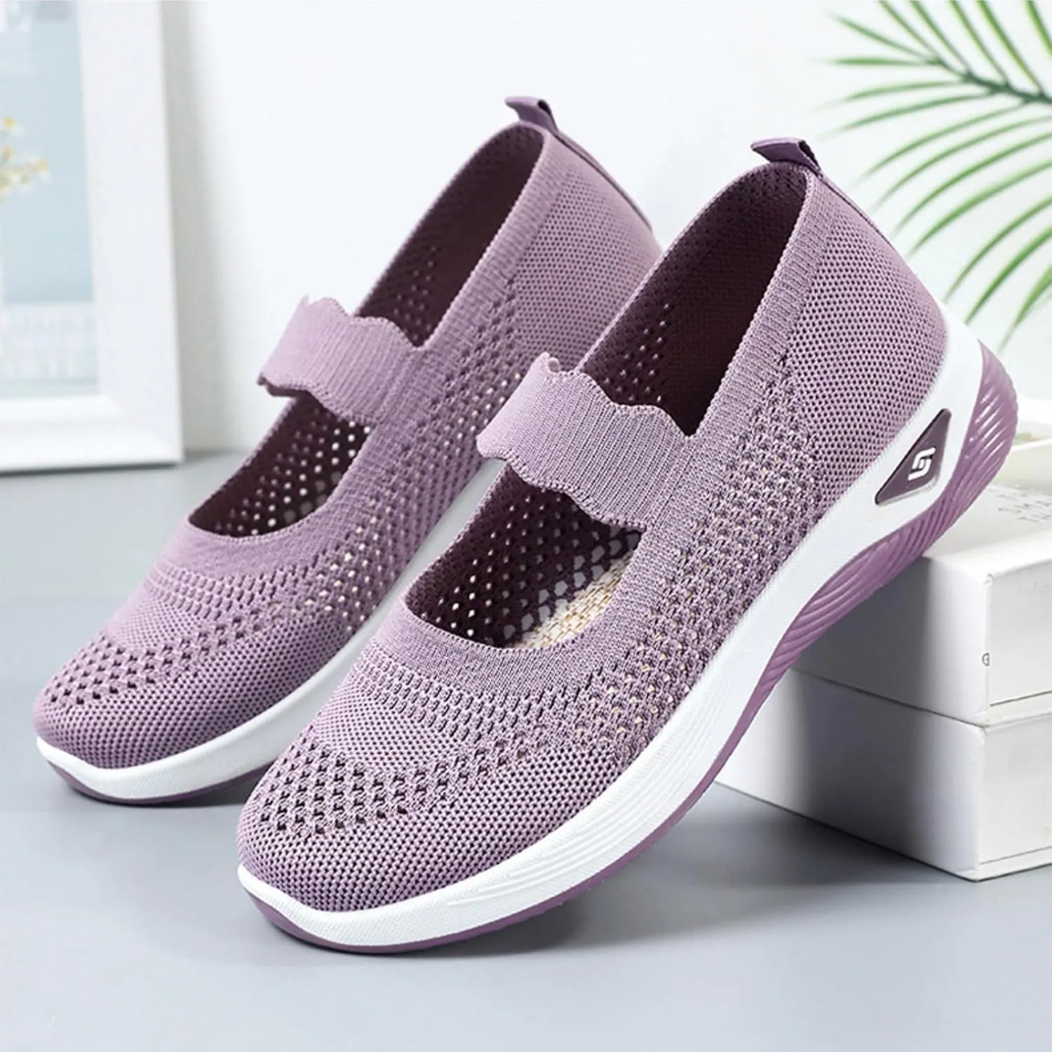 Women's Woven Orthopedic Breathable Soft Shoes Comfortable Walking Nurse Shoes Casual Diabetic Foam Shoe Go Walk Slip on Sneakers Lightweight Mesh Trainers Anti-Skid Sports Shoe with Arch Support