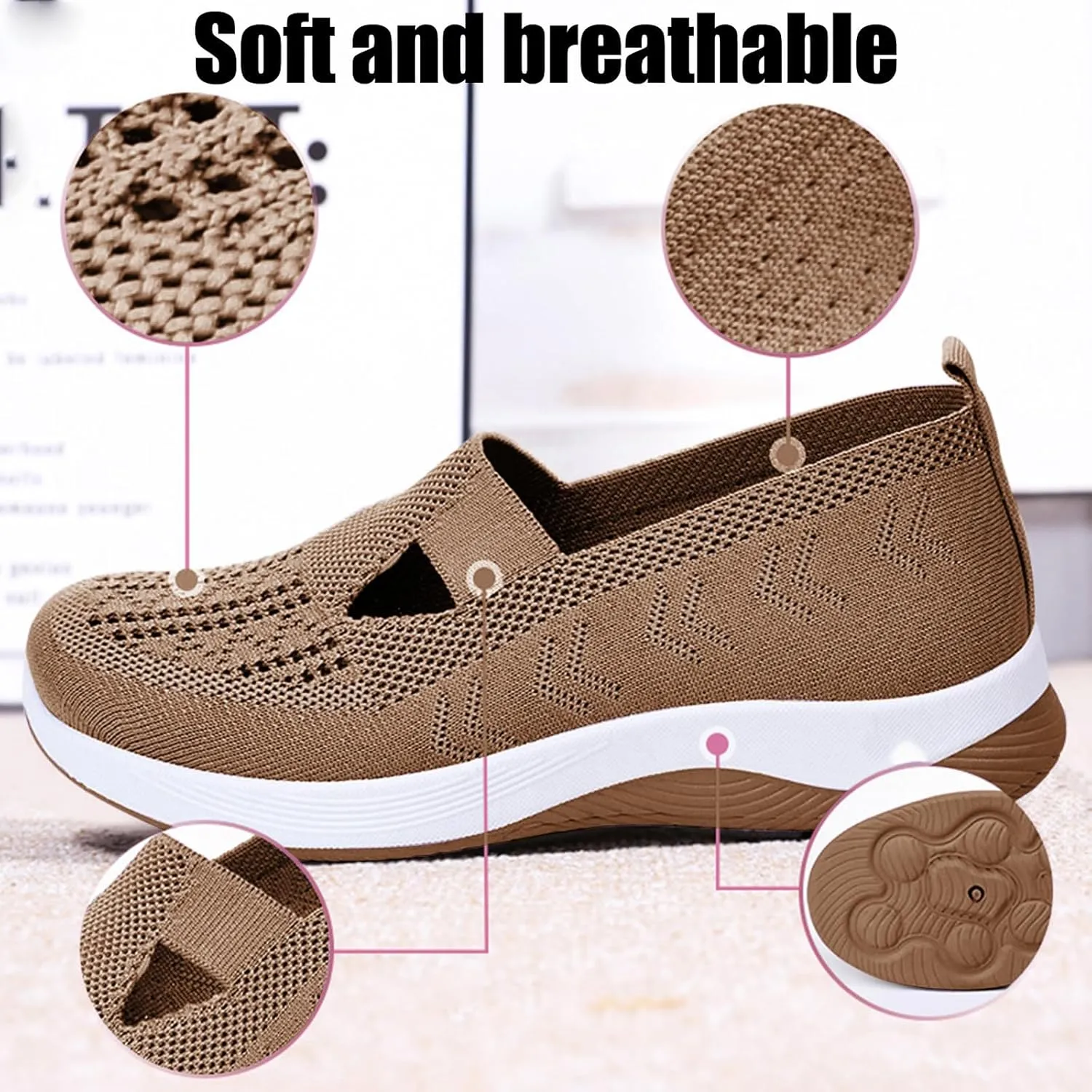 Women's Woven Orthopedic Shoes Breathable Lightweight Slip On Casual Shoes Soft Arch Support Walking Shoe Casual Air Cushion Athletic Sneakers Non-Slip Mesh Up Footwear